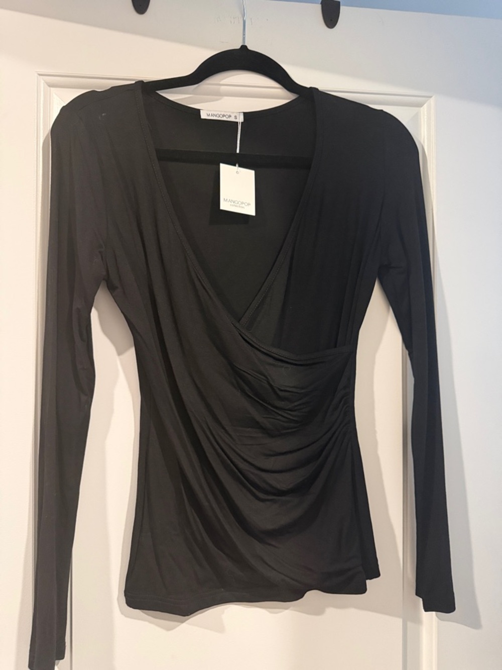 Mango Black Long-Sleeve Draped Wrap Top